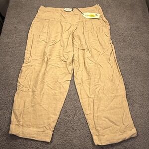 Cannisse Burlap Pants Women 16 Beige Linen Lagenlook Cropped Capri Cargo Baggy